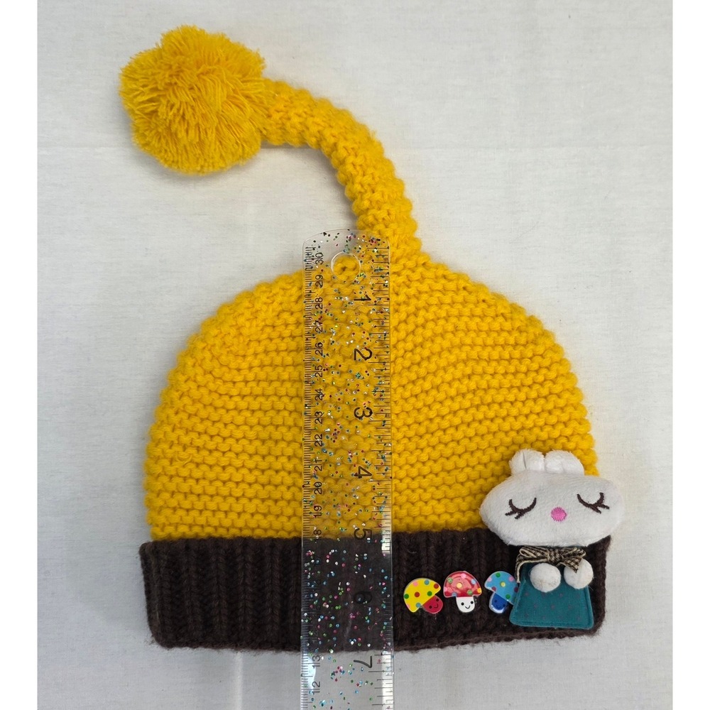 Kids Yellow Knit Bunny Beanie Mushroom Accents Pom Pom Tail Winter Hat - Picture 6 of 6